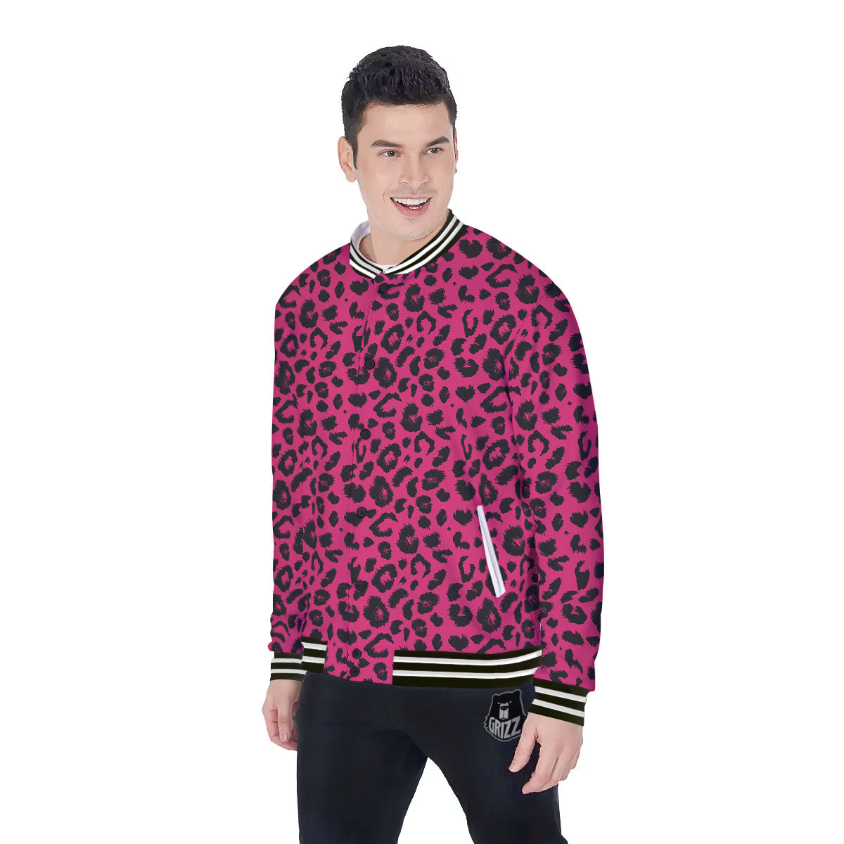 Leopard Hot Pink Print Baseball Jacket-grizzshop