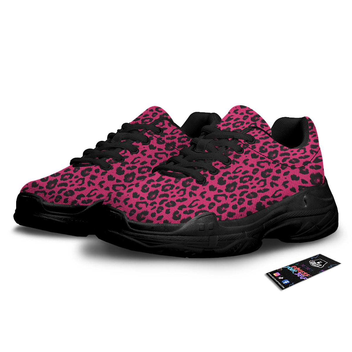 Leopard Hot Pink Print Black Chunky Shoes-grizzshop