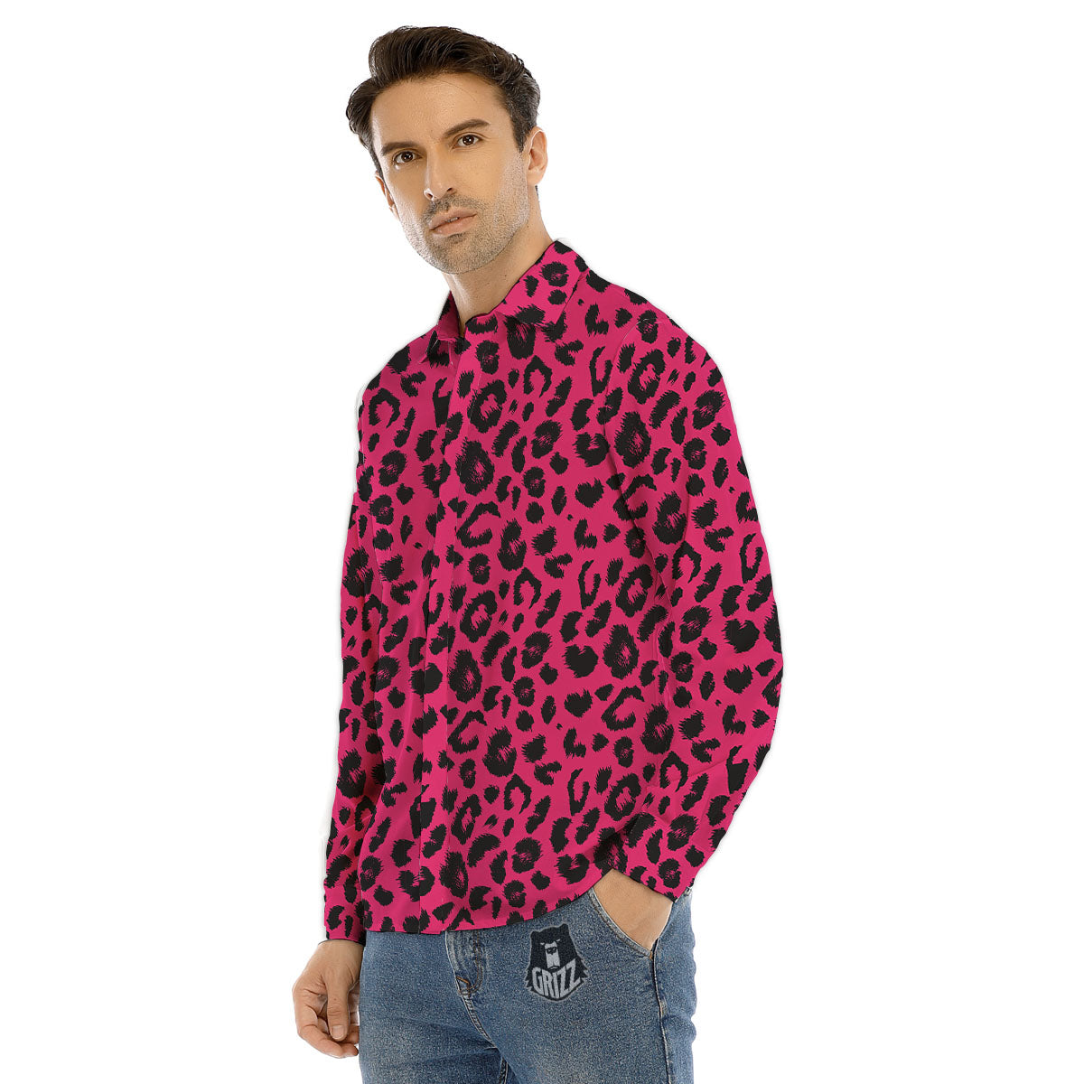 Leopard Hot Pink Print Men's Dress Shirts-grizzshop