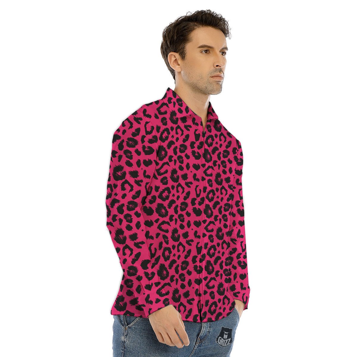 Leopard Hot Pink Print Men's Dress Shirts-grizzshop