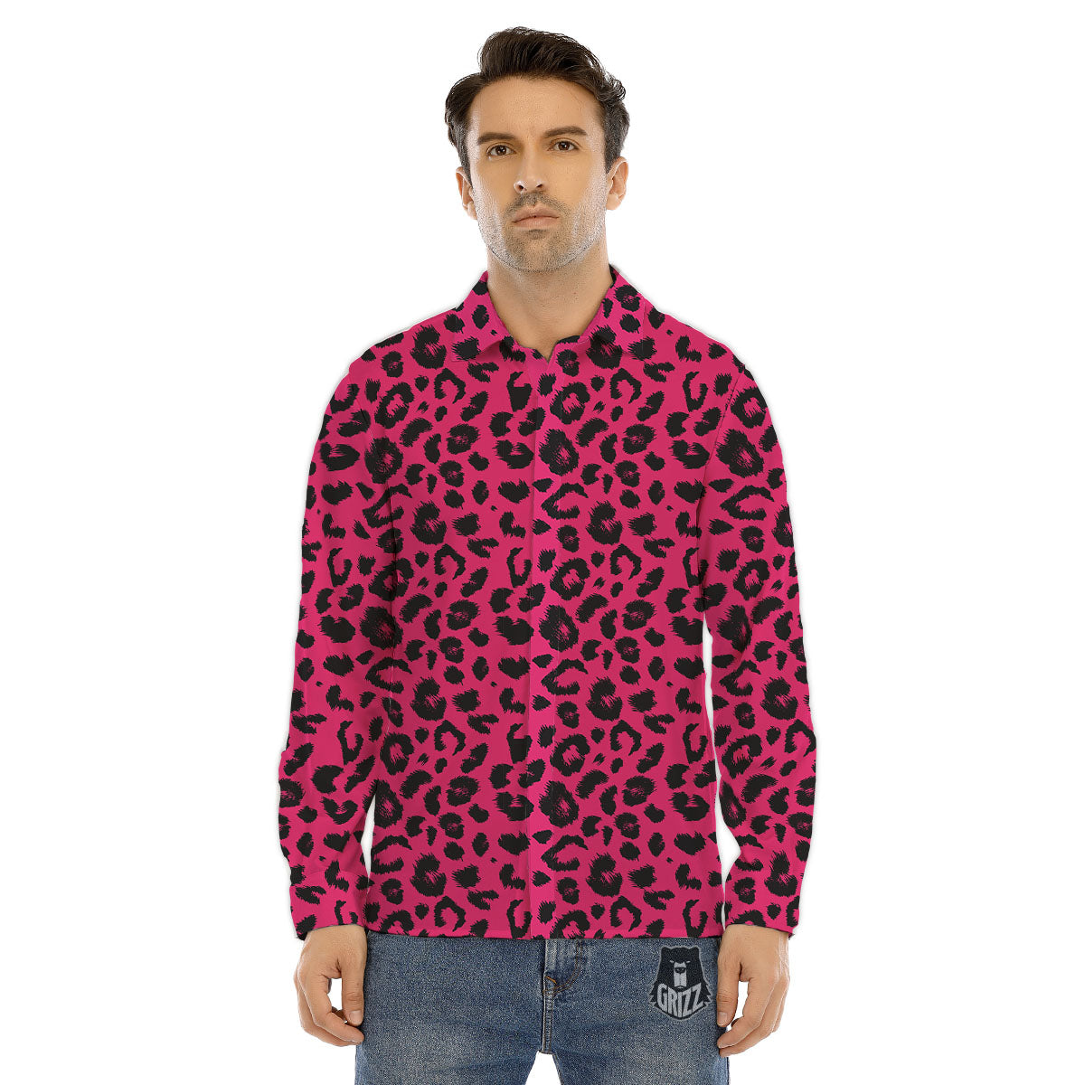 Leopard Hot Pink Print Men's Dress Shirts-grizzshop