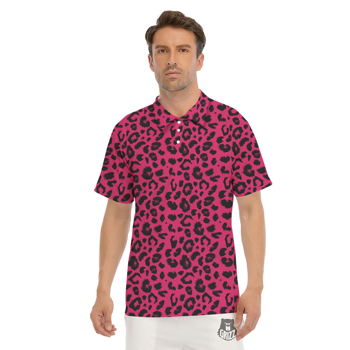 Leopard Hot Pink Print Men's Golf Shirts-grizzshop