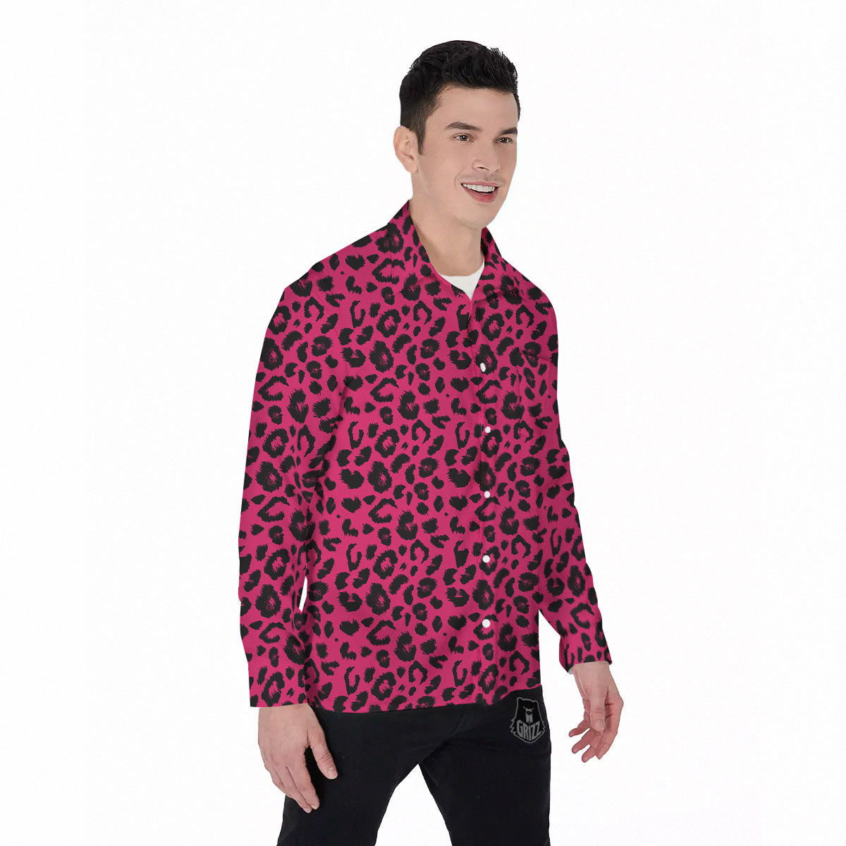 Leopard Hot Pink Print Men's Long Sleeve Shirts-grizzshop