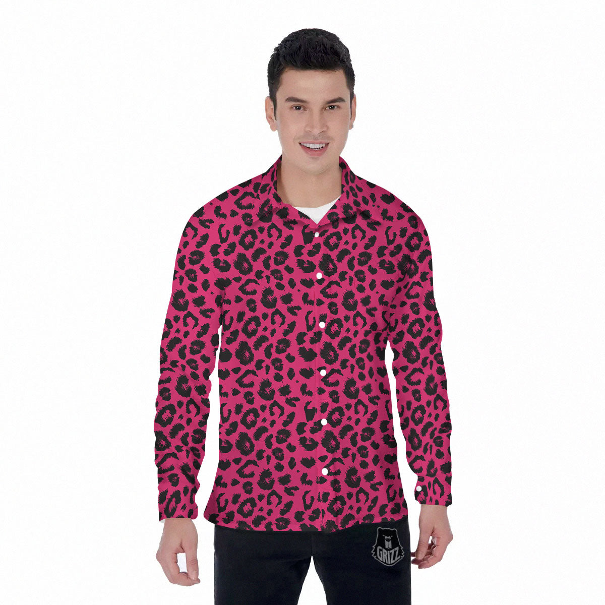 Leopard Hot Pink Print Men's Long Sleeve Shirts-grizzshop