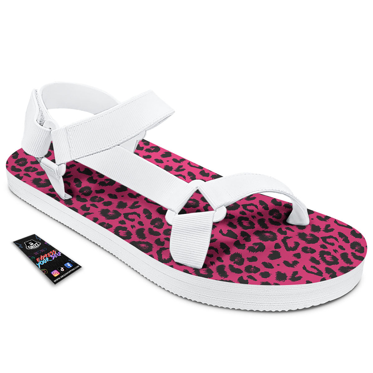 Leopard Hot Pink Print White Open Toe Sandals-grizzshop
