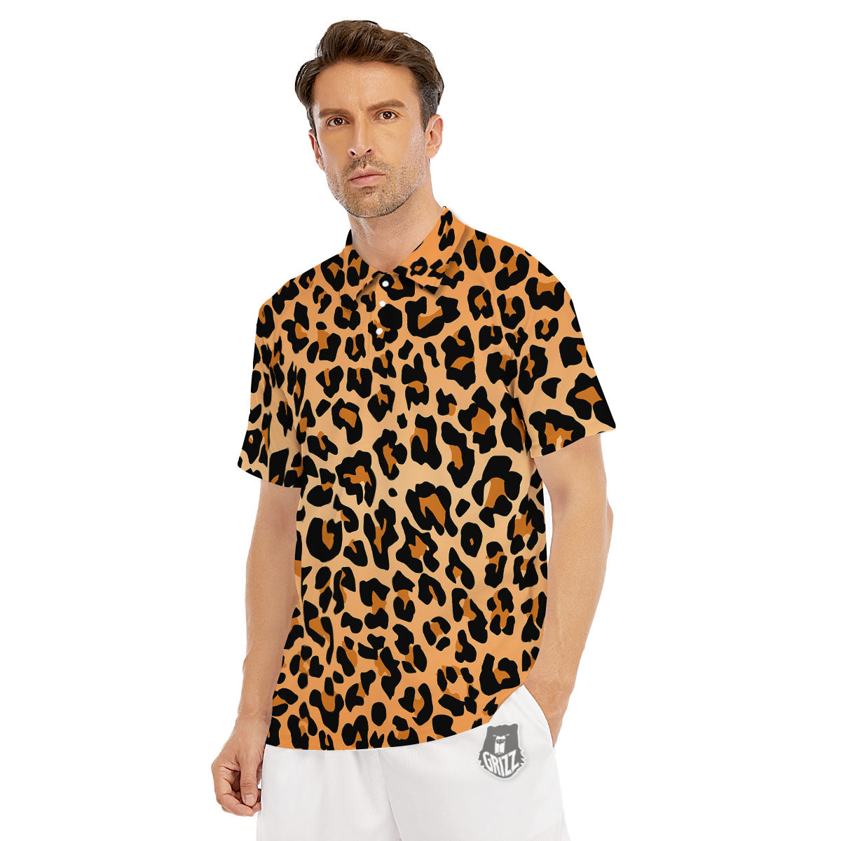 Leopard Orange Print Men's Golf Shirts-grizzshop