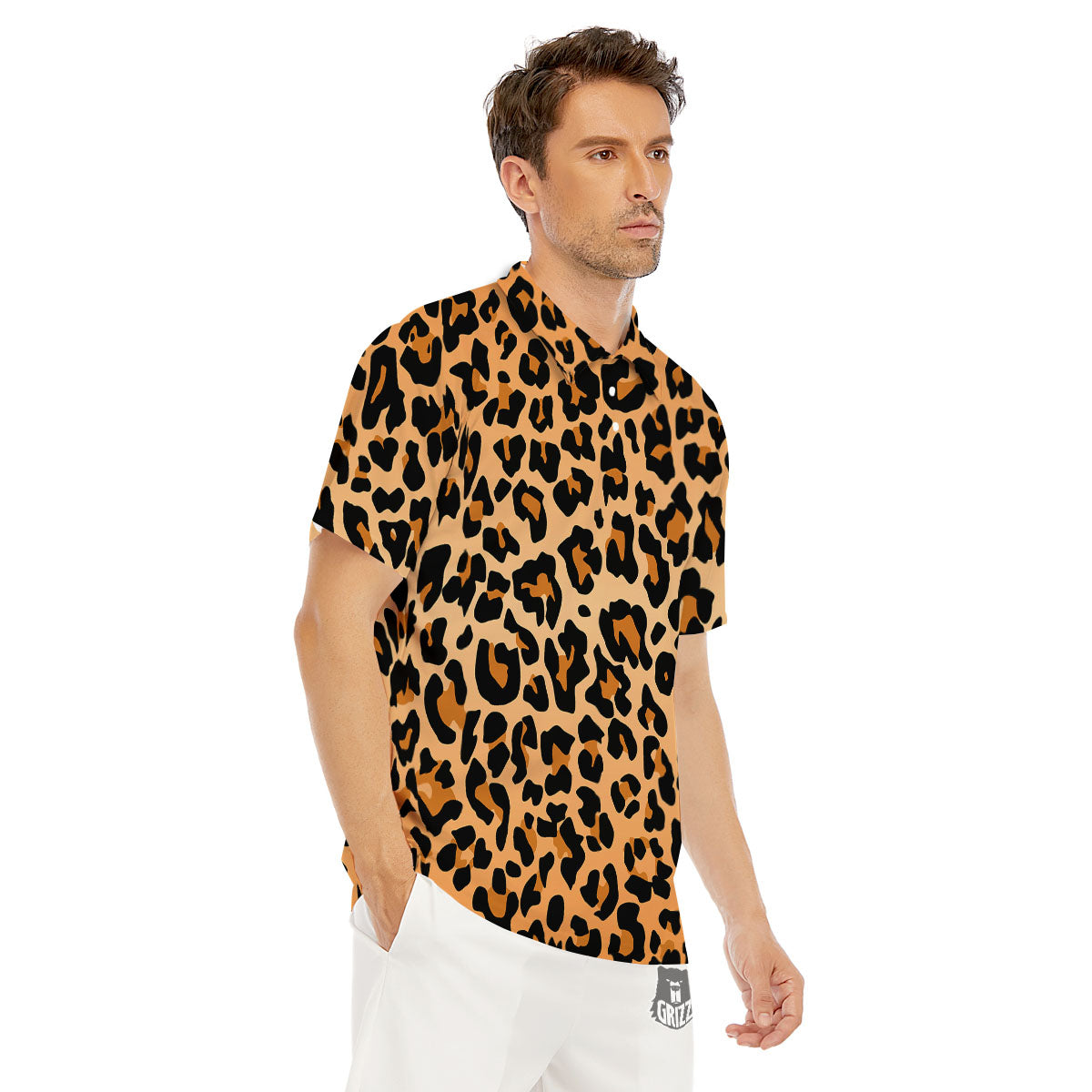 Leopard Orange Print Men's Golf Shirts-grizzshop