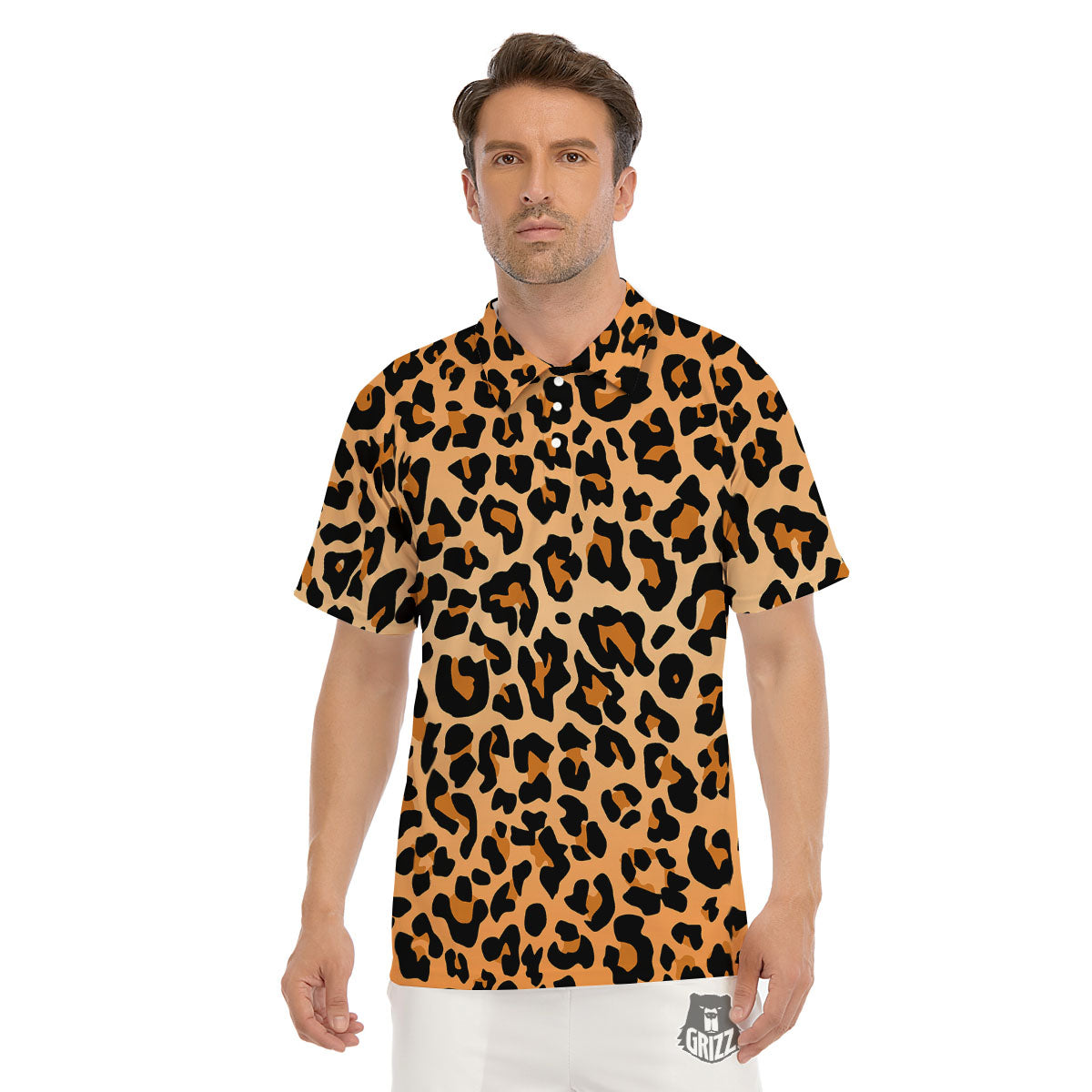 Leopard Orange Print Men's Golf Shirts-grizzshop