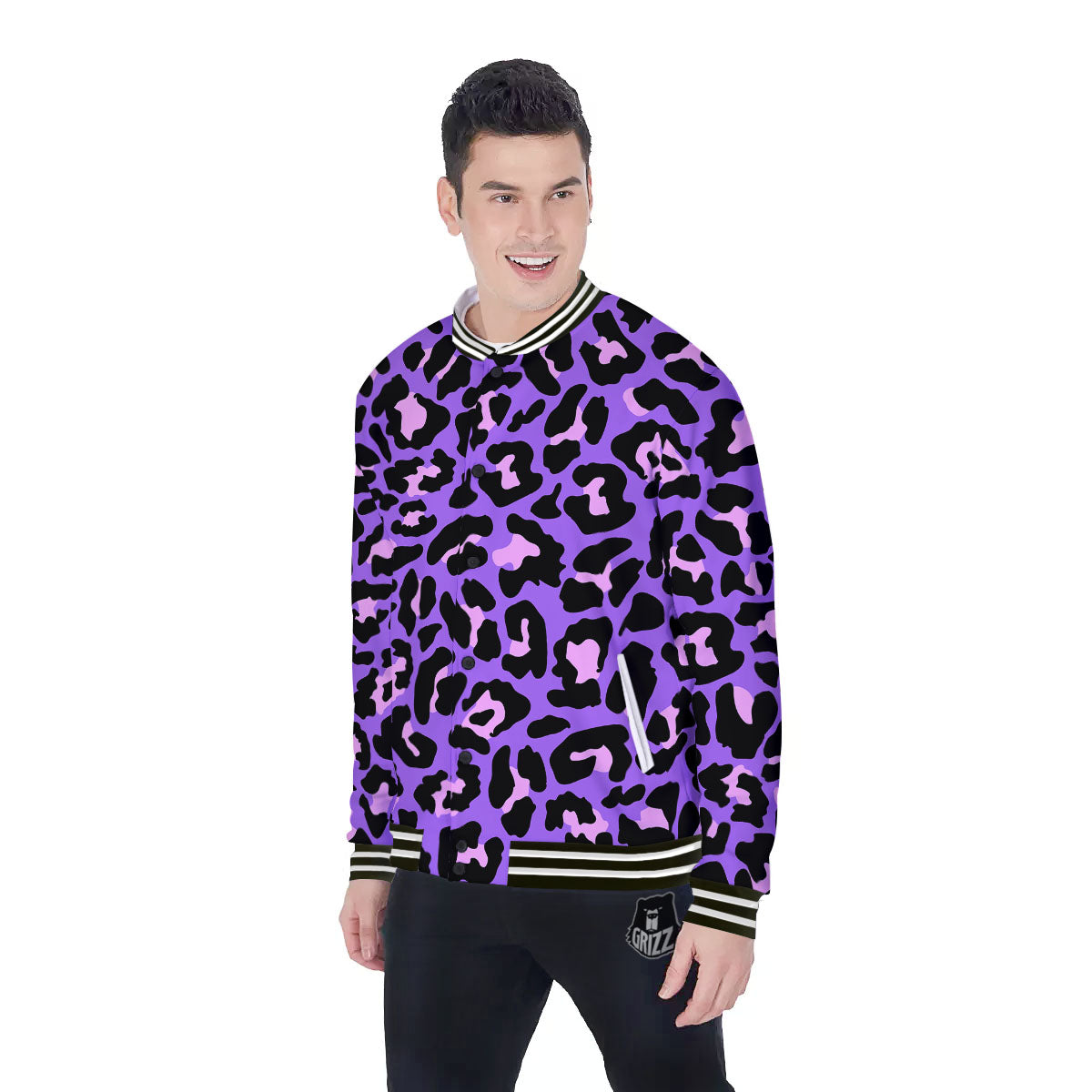 Leopard Pink And Purple Print Baseball Jacket-grizzshop
