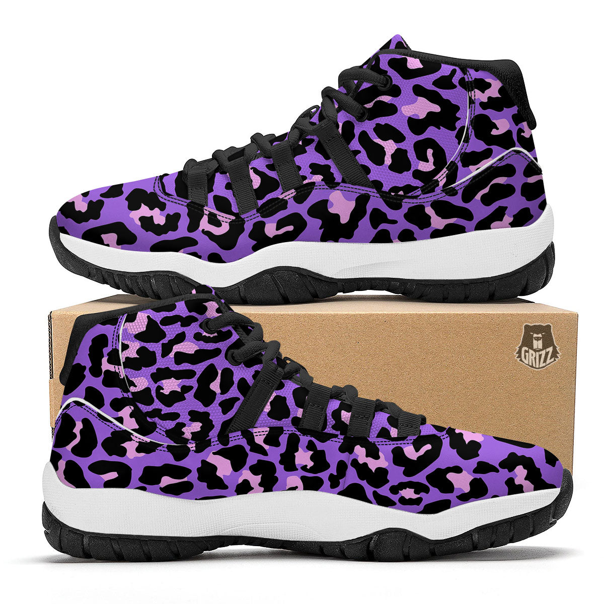 Leopard Pink And Purple Print Black Bball Shoes-grizzshop