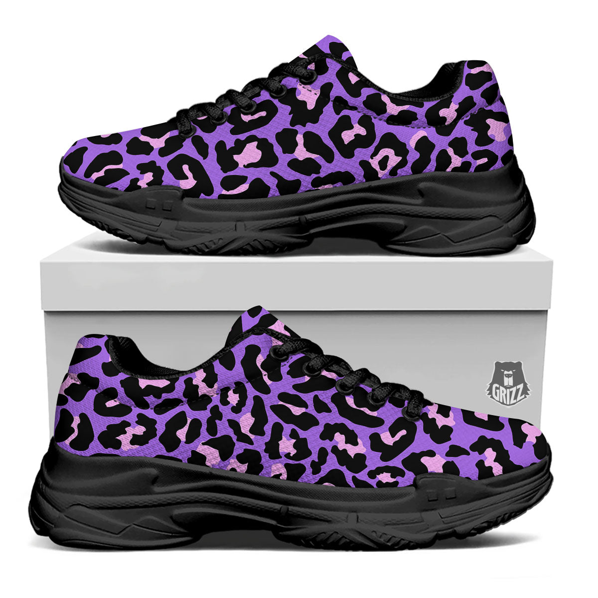 Leopard Pink And Purple Print Black Chunky Shoes-grizzshop