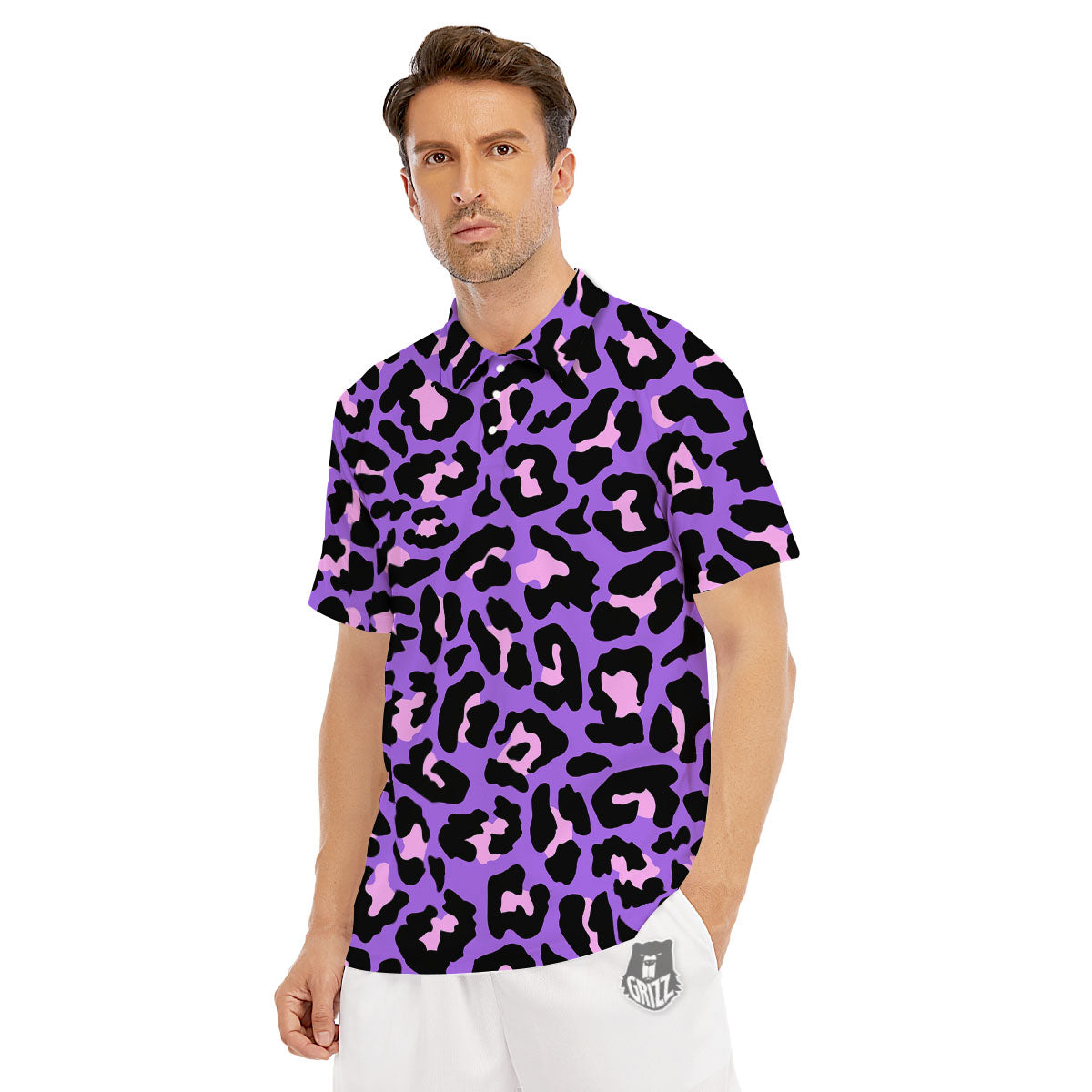 Leopard Pink And Purple Print Men's Golf Shirts-grizzshop
