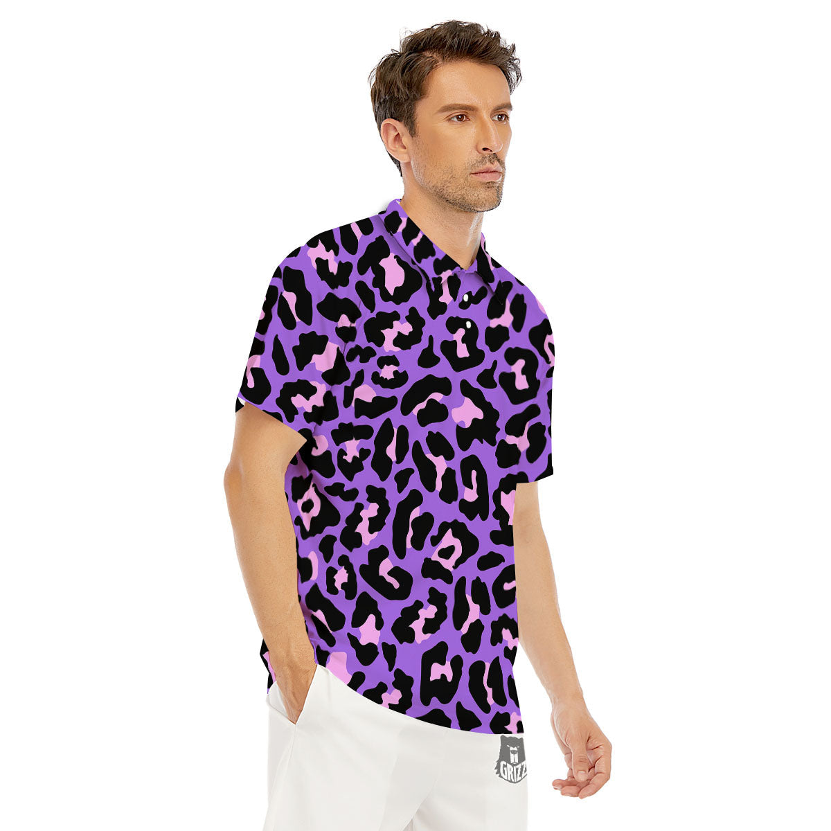 Leopard Pink And Purple Print Men's Golf Shirts-grizzshop