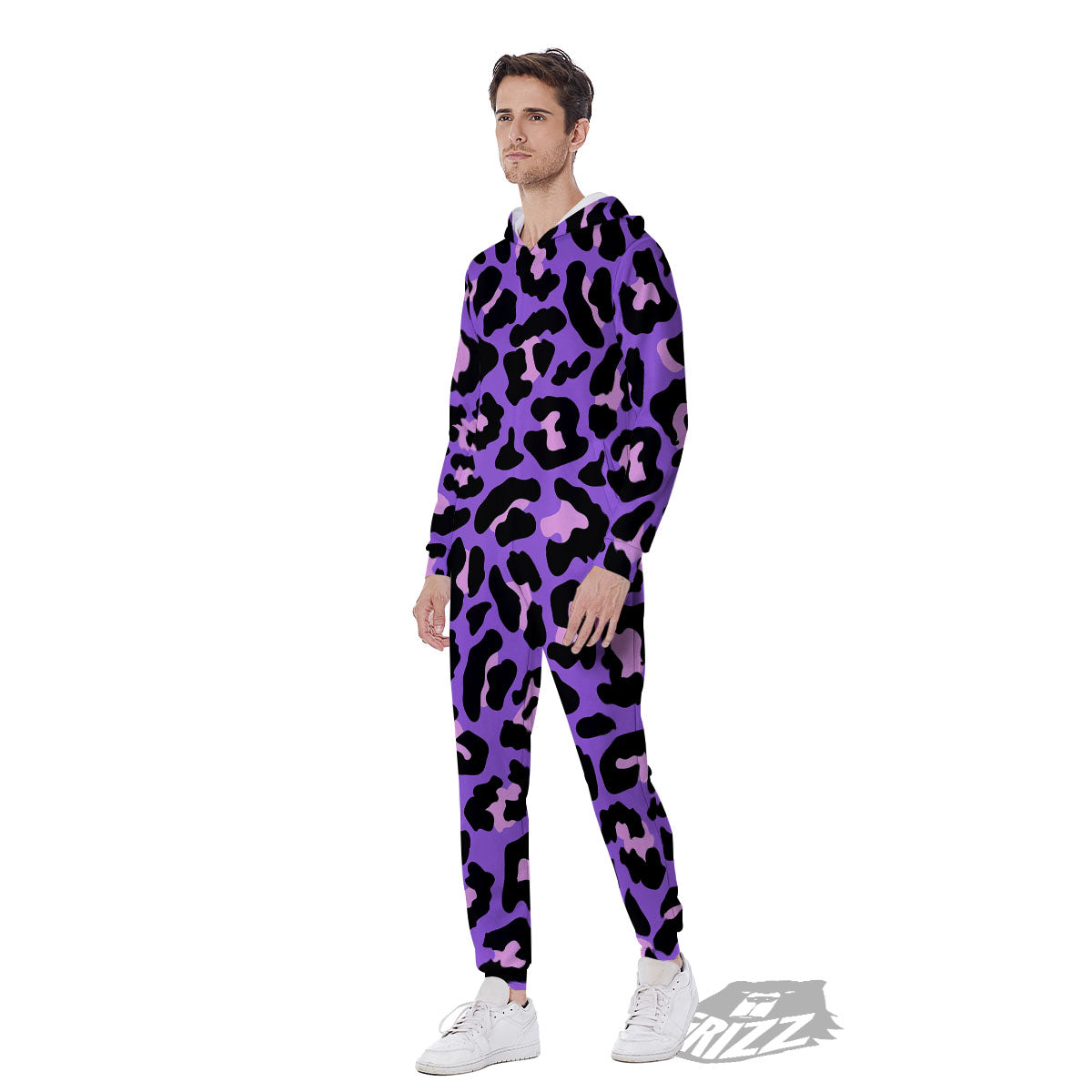 Leopard Pink And Purple Print Men's Jumpsuit-grizzshop