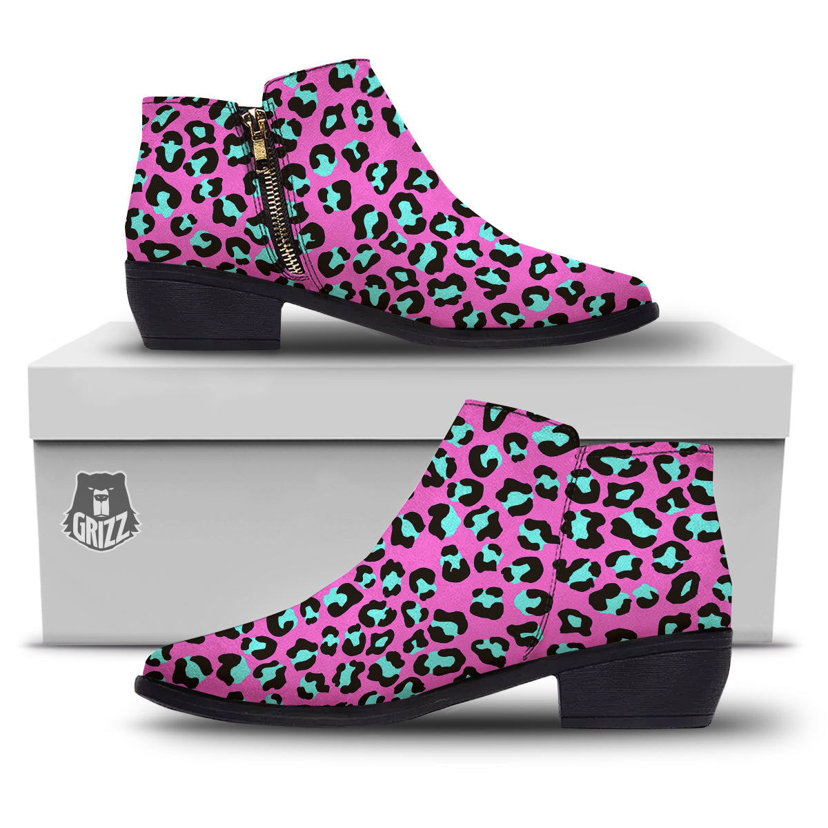 Leopard Pink And Turquoise Print Pattern Ankle Boots-grizzshop