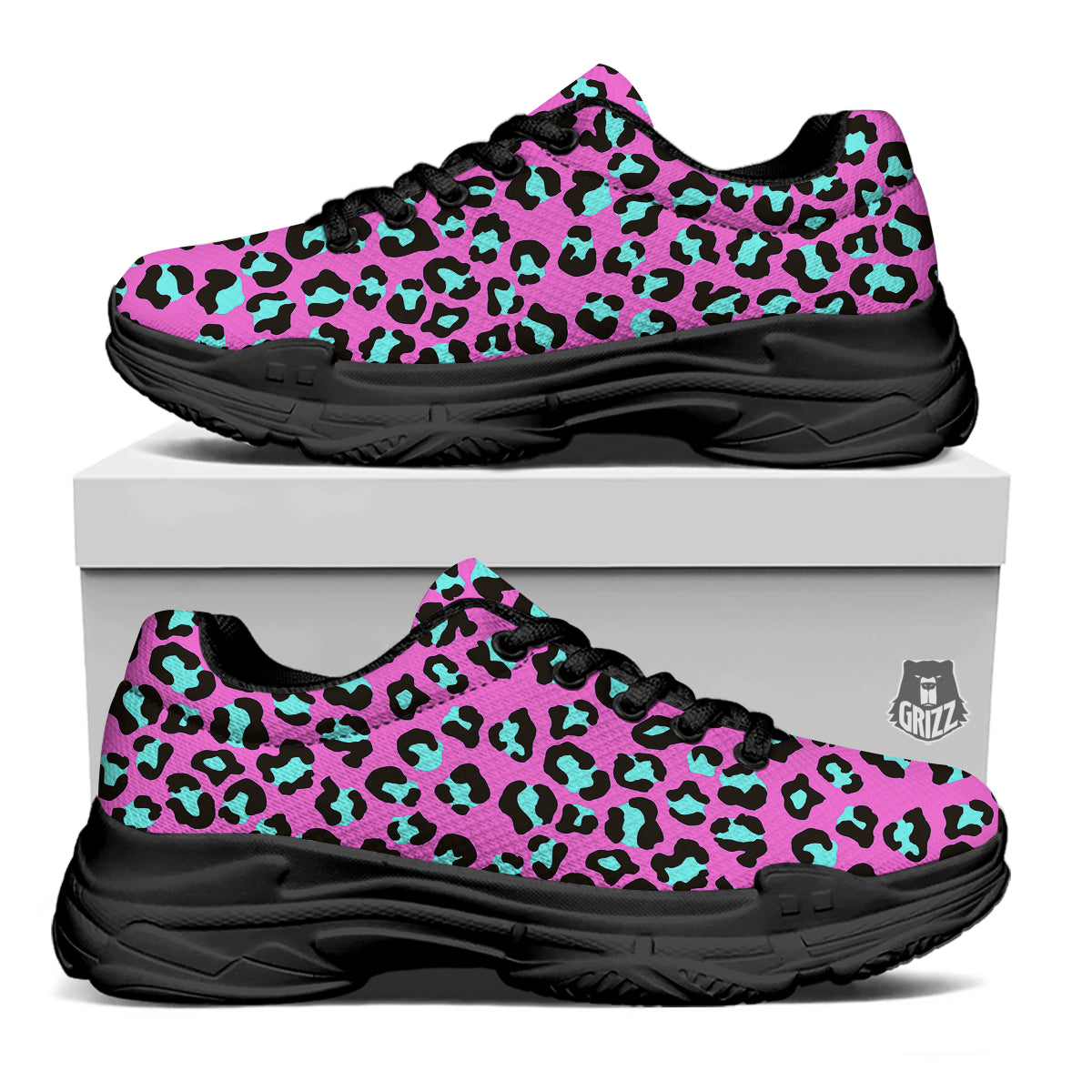 Leopard Pink And Turquoise Print Pattern Black Chunky Shoes-grizzshop