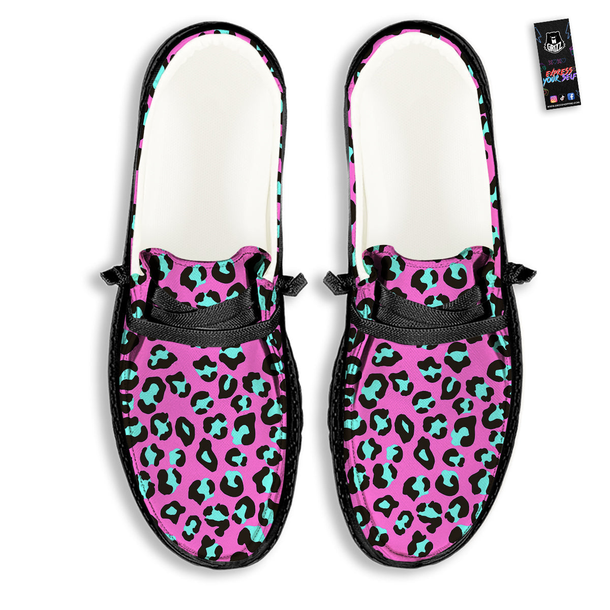 Leopard Pink And Turquoise Print Pattern Black Loafers-grizzshop