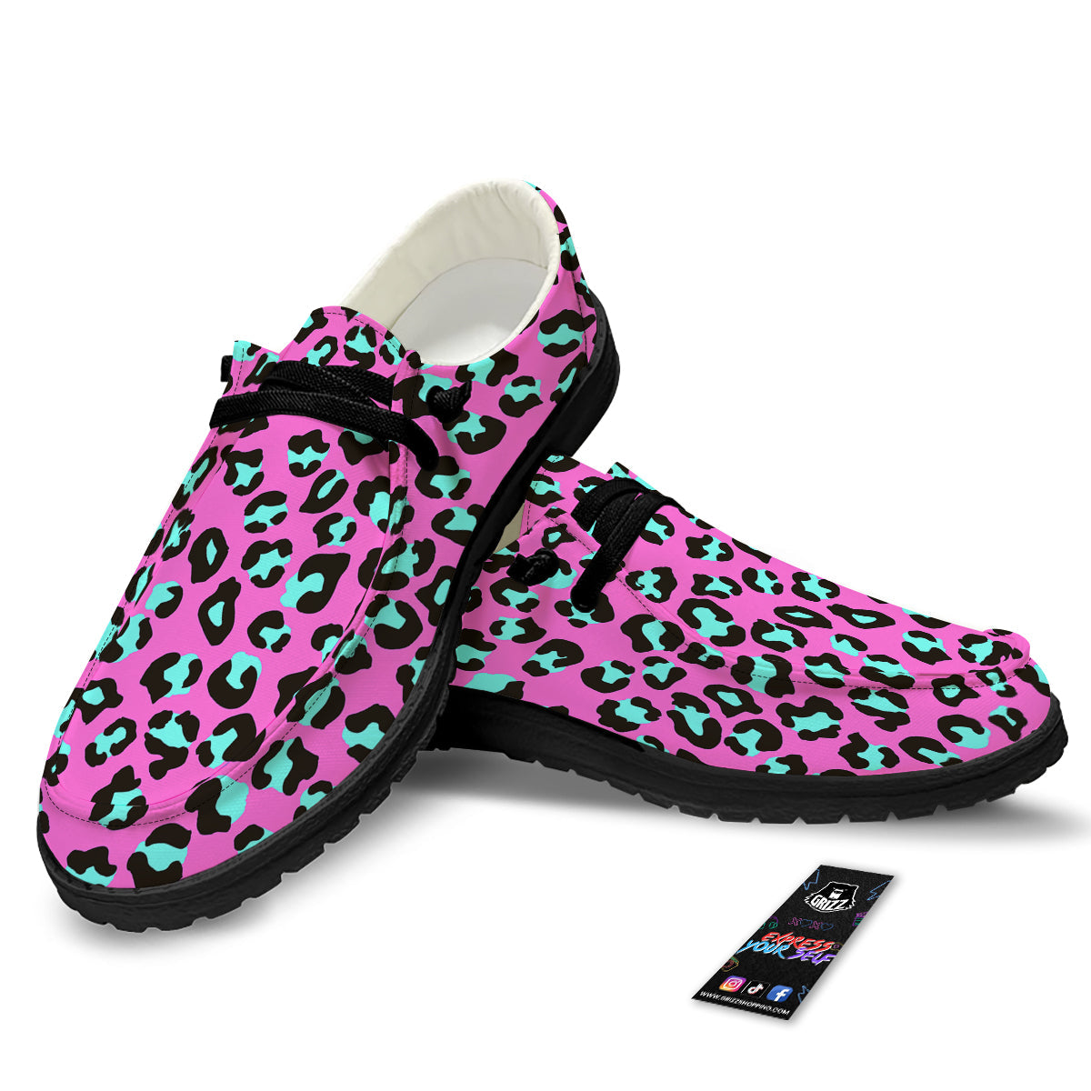 Leopard Pink And Turquoise Print Pattern Black Loafers-grizzshop