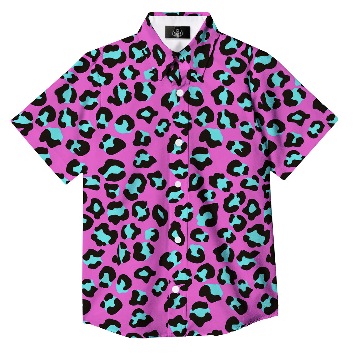 Leopard Pink And Turquoise Print Pattern Button Up Shirt-grizzshop