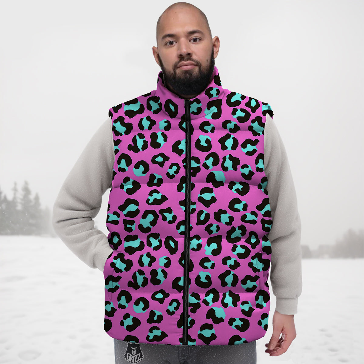 Leopard Pink And Turquoise Print Pattern Down Vest