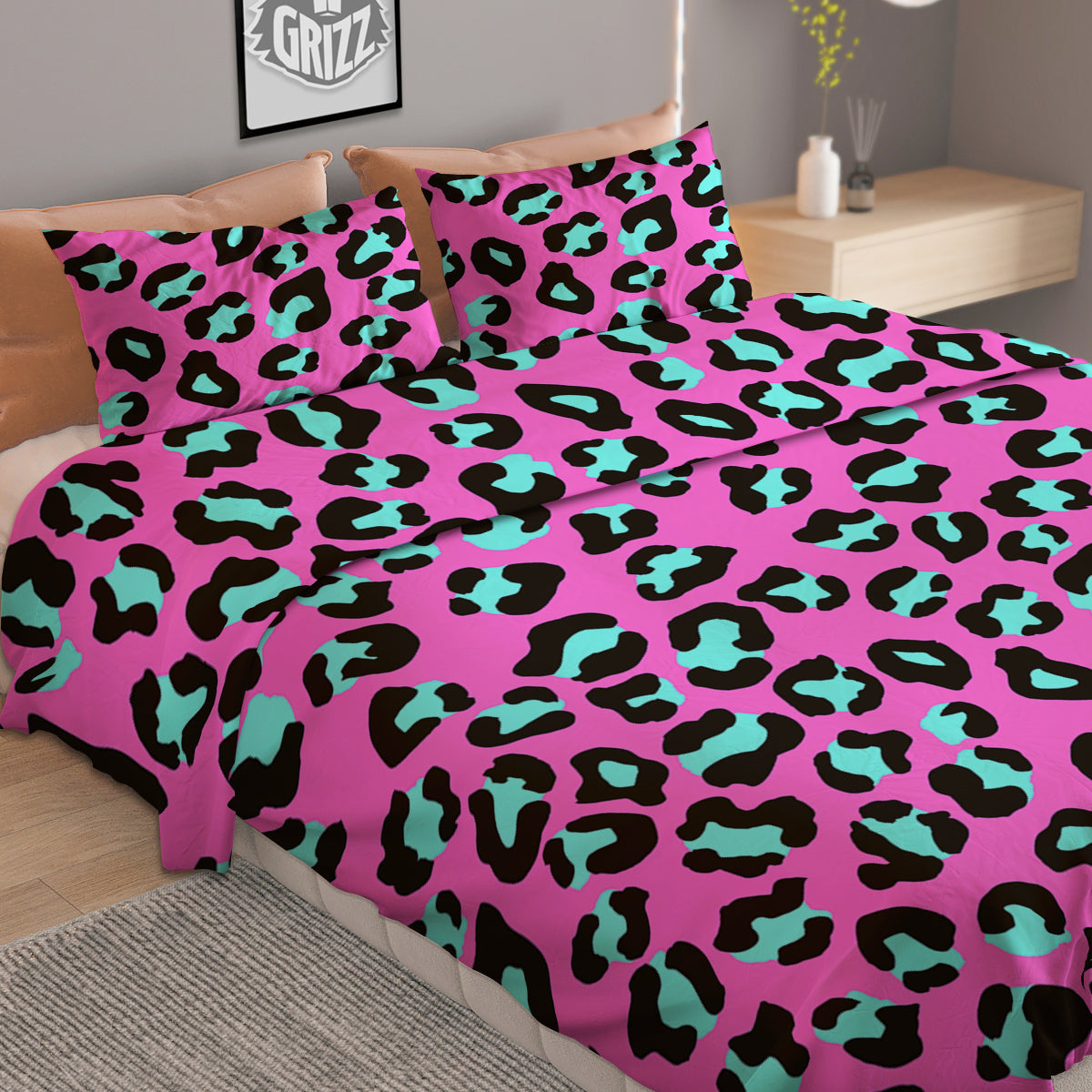 Leopard Pink And Turquoise Print Pattern Duvet Cover Bedding Set