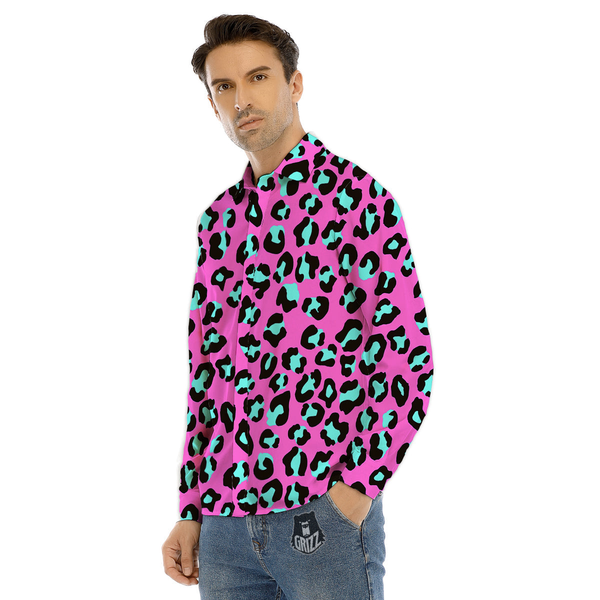 Leopard Pink And Turquoise Print Pattern Men's Dress Shirts-grizzshop