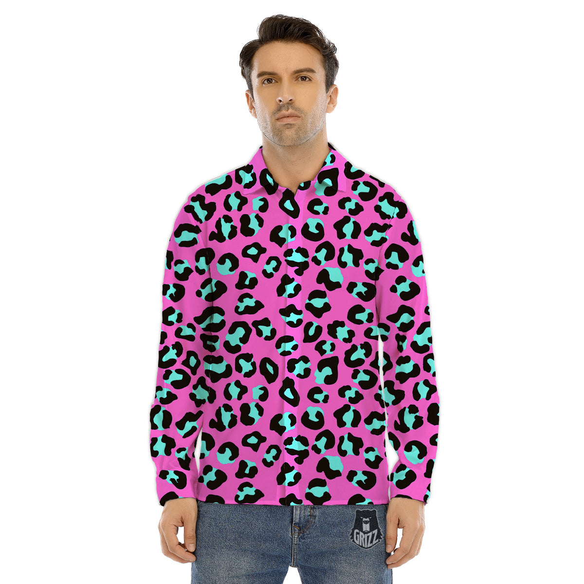 Leopard Pink And Turquoise Print Pattern Men's Dress Shirts-grizzshop