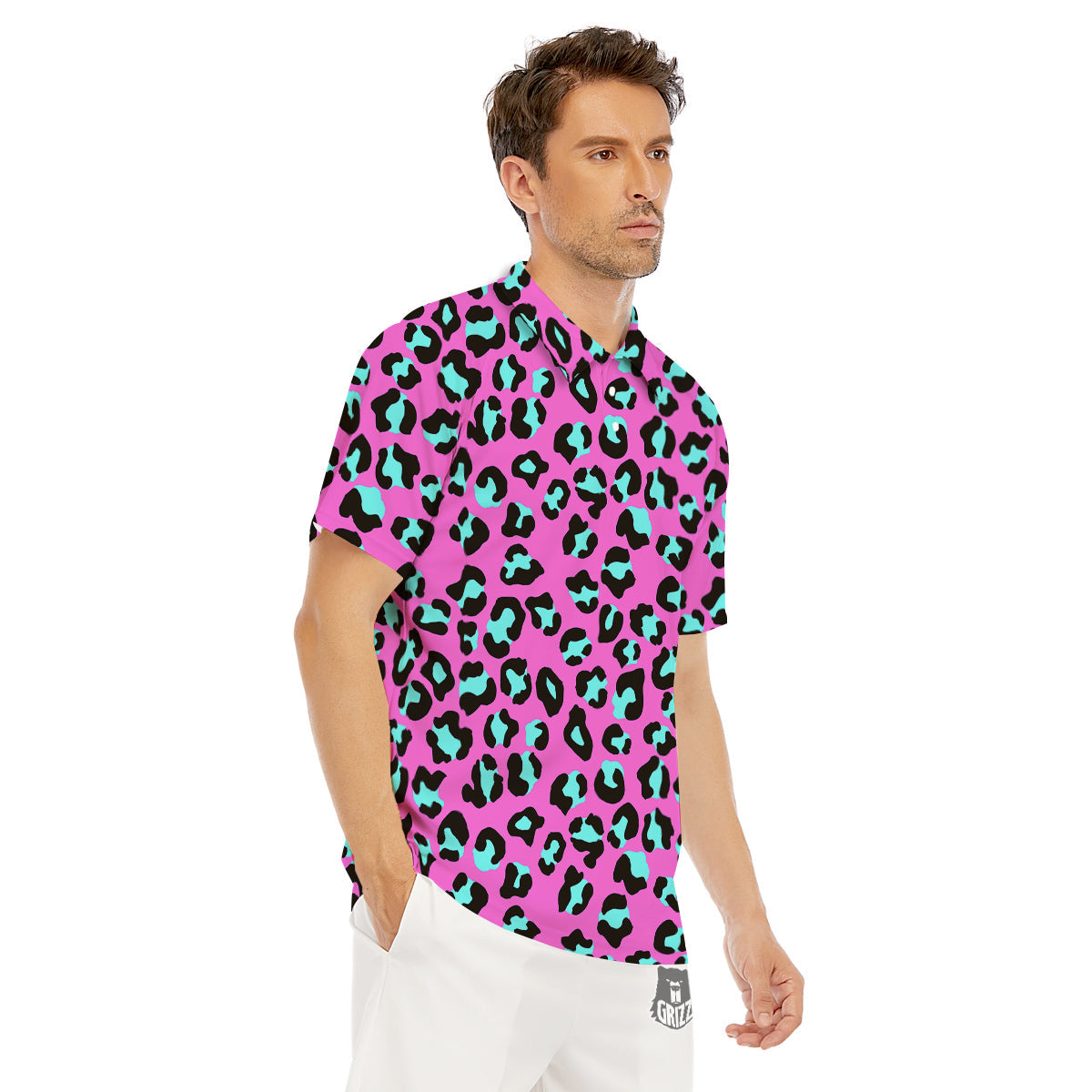 Leopard Pink And Turquoise Print Pattern Men's Golf Shirts-grizzshop