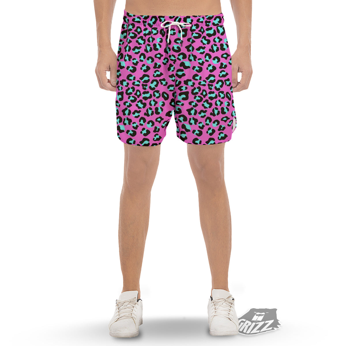 Leopard Pink And Turquoise Print Pattern Men's Gym Shorts-grizzshop