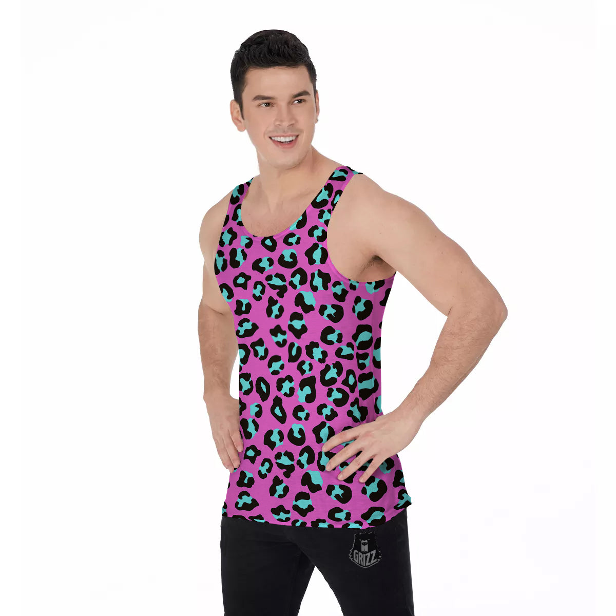 Leopard Pink And Turquoise Print Pattern Men's Tank Top-grizzshop
