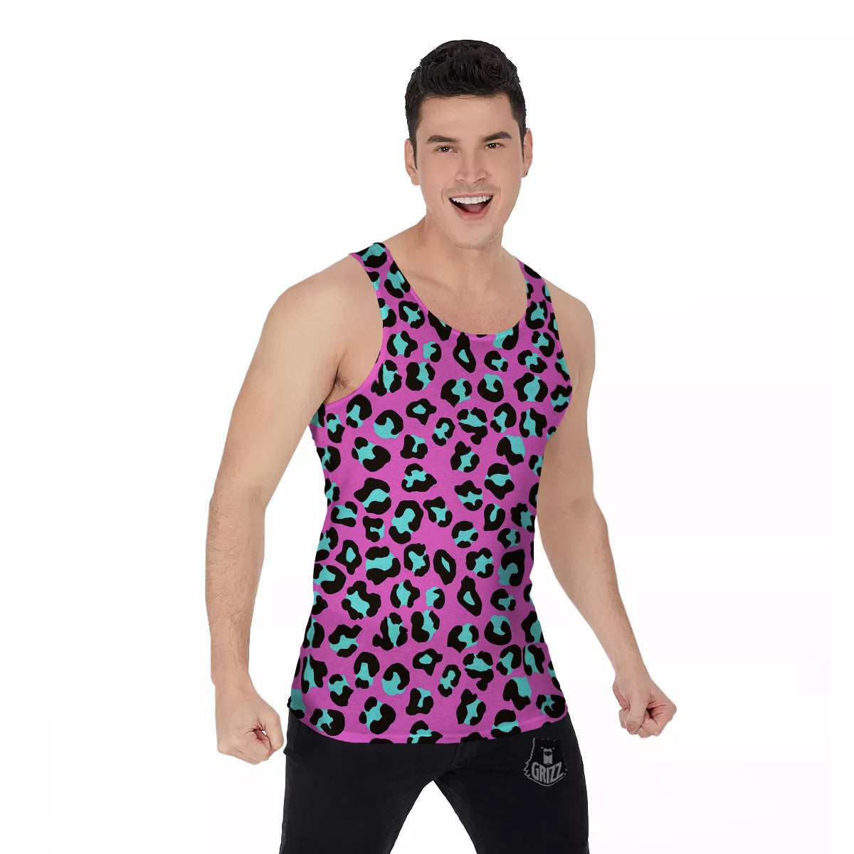 Leopard Pink And Turquoise Print Pattern Men's Tank Top-grizzshop