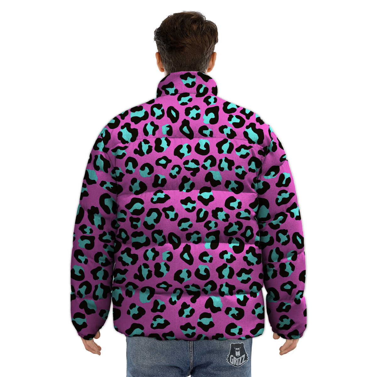 Leopard Pink And Turquoise Print Pattern Puffer Jacket-grizzshop