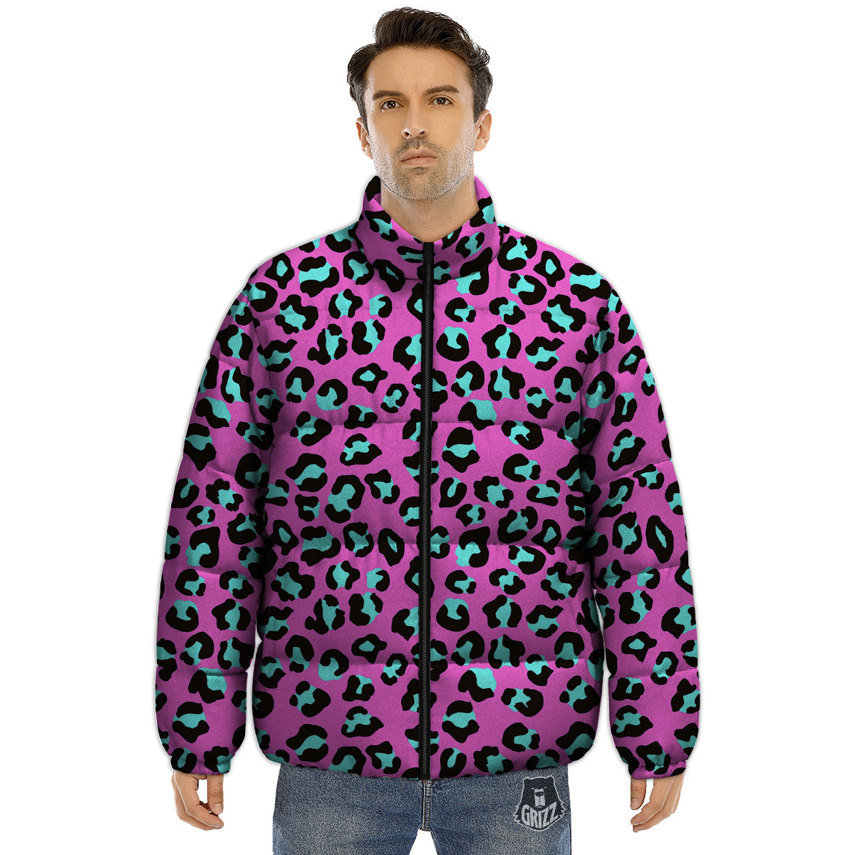 Leopard Pink And Turquoise Print Pattern Puffer Jacket-grizzshop