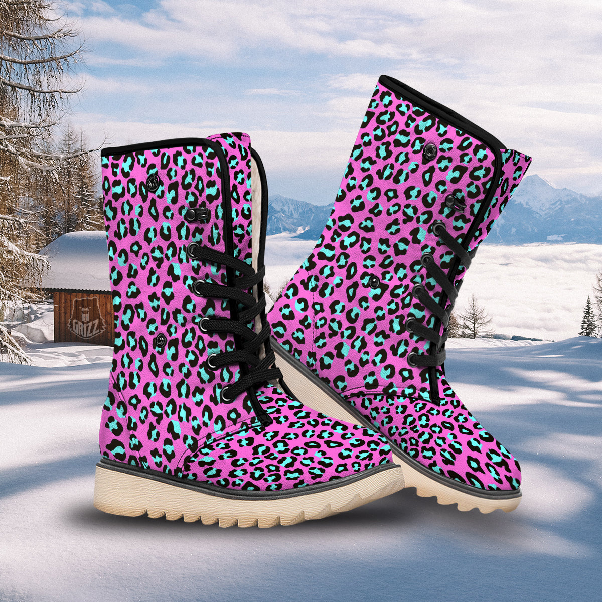 Leopard Pink And Turquoise Print Pattern Snow Boots-grizzshop