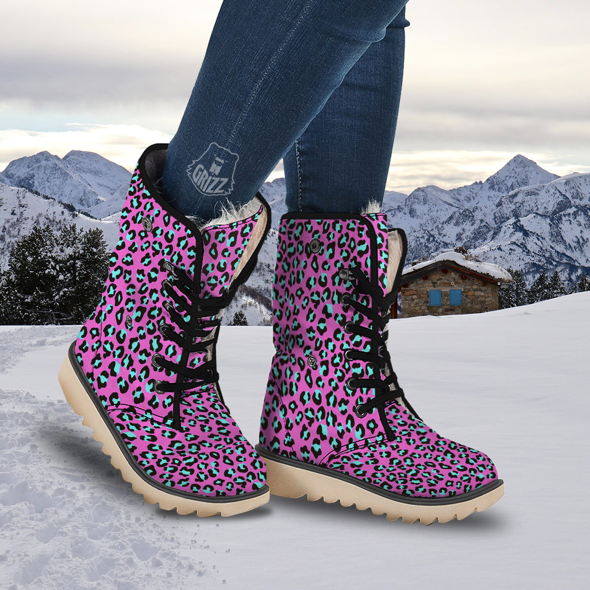 Leopard Pink And Turquoise Print Pattern Snow Boots-grizzshop
