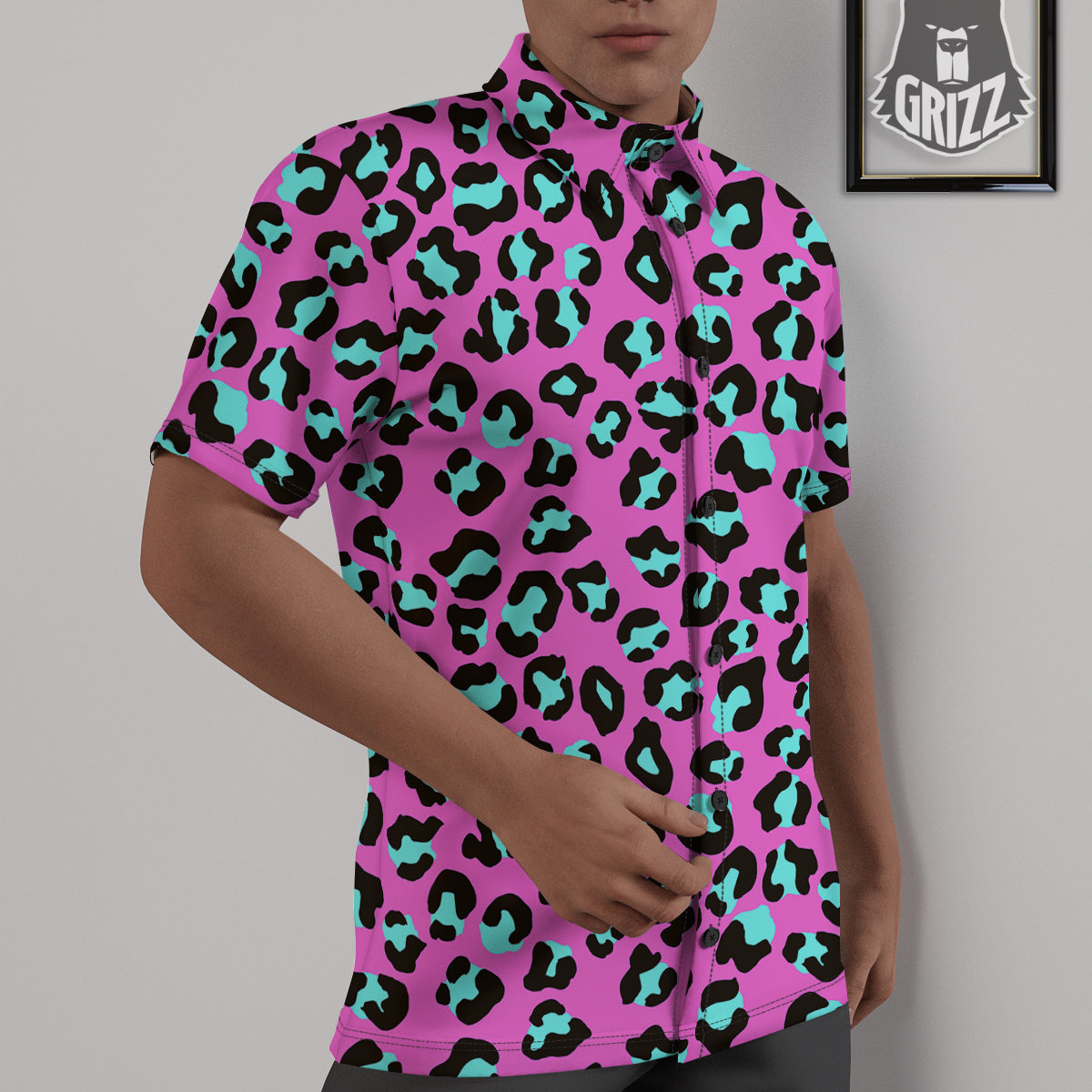 Leopard Pink And Turquoise Print Pattern Untucked Shirts-grizzshop