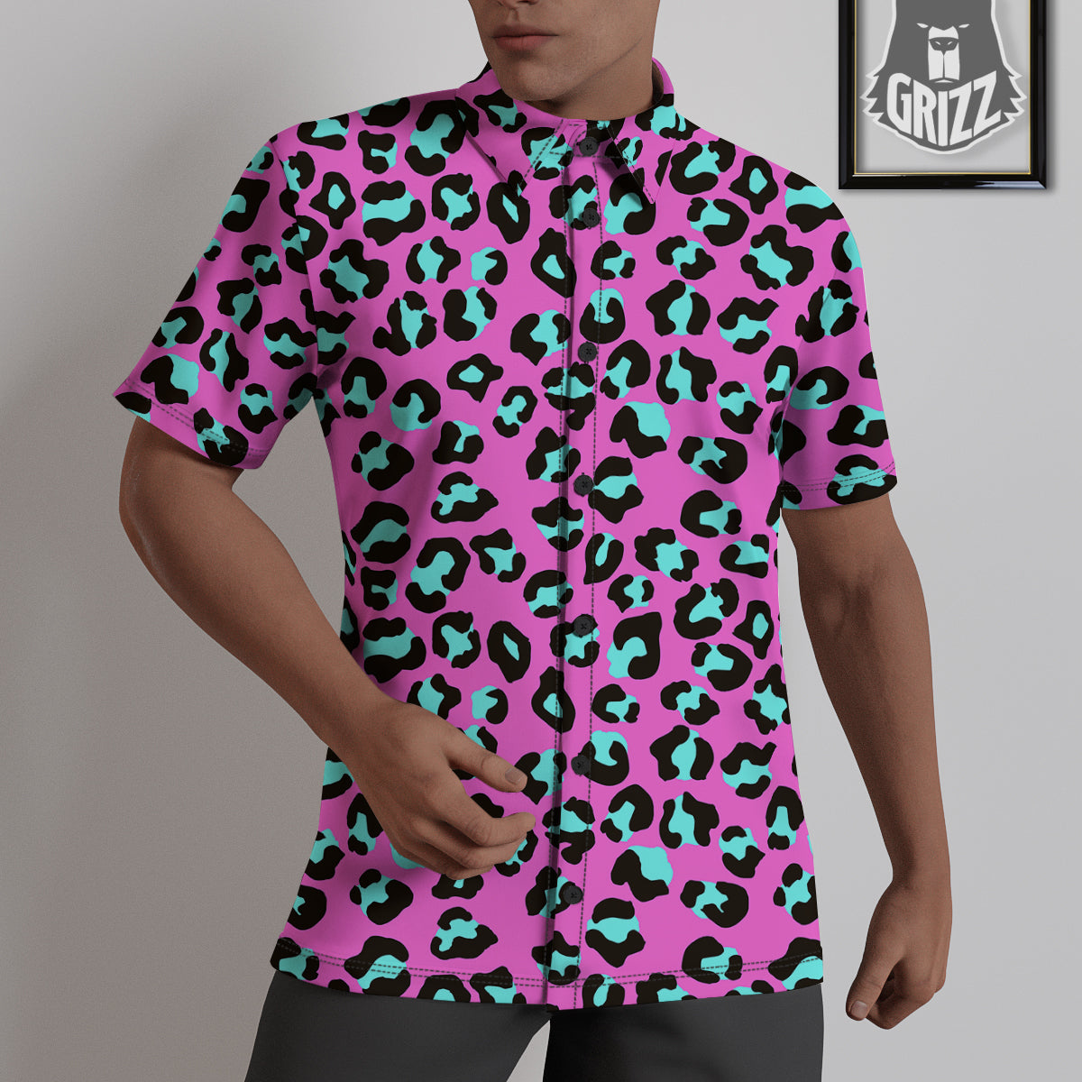Leopard Pink And Turquoise Print Pattern Untucked Shirts-grizzshop