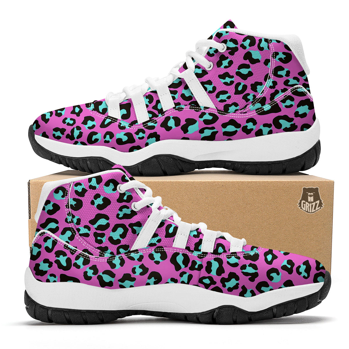 Leopard Pink And Turquoise Print Pattern White Bball Shoes-grizzshop