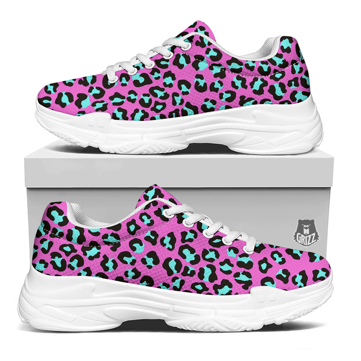 Leopard Pink And Turquoise Print Pattern White Chunky Shoes-grizzshop
