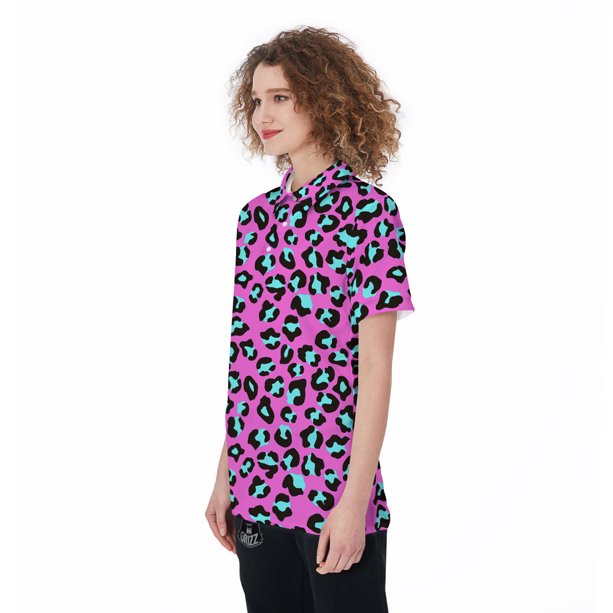Leopard Pink And Turquoise Print Pattern Women's Golf Shirts-grizzshop