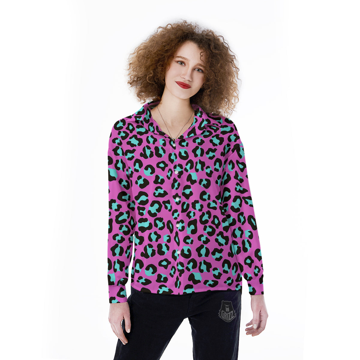 Leopard Pink And Turquoise Print Pattern Women's Long Sleeve Shirts-grizzshop