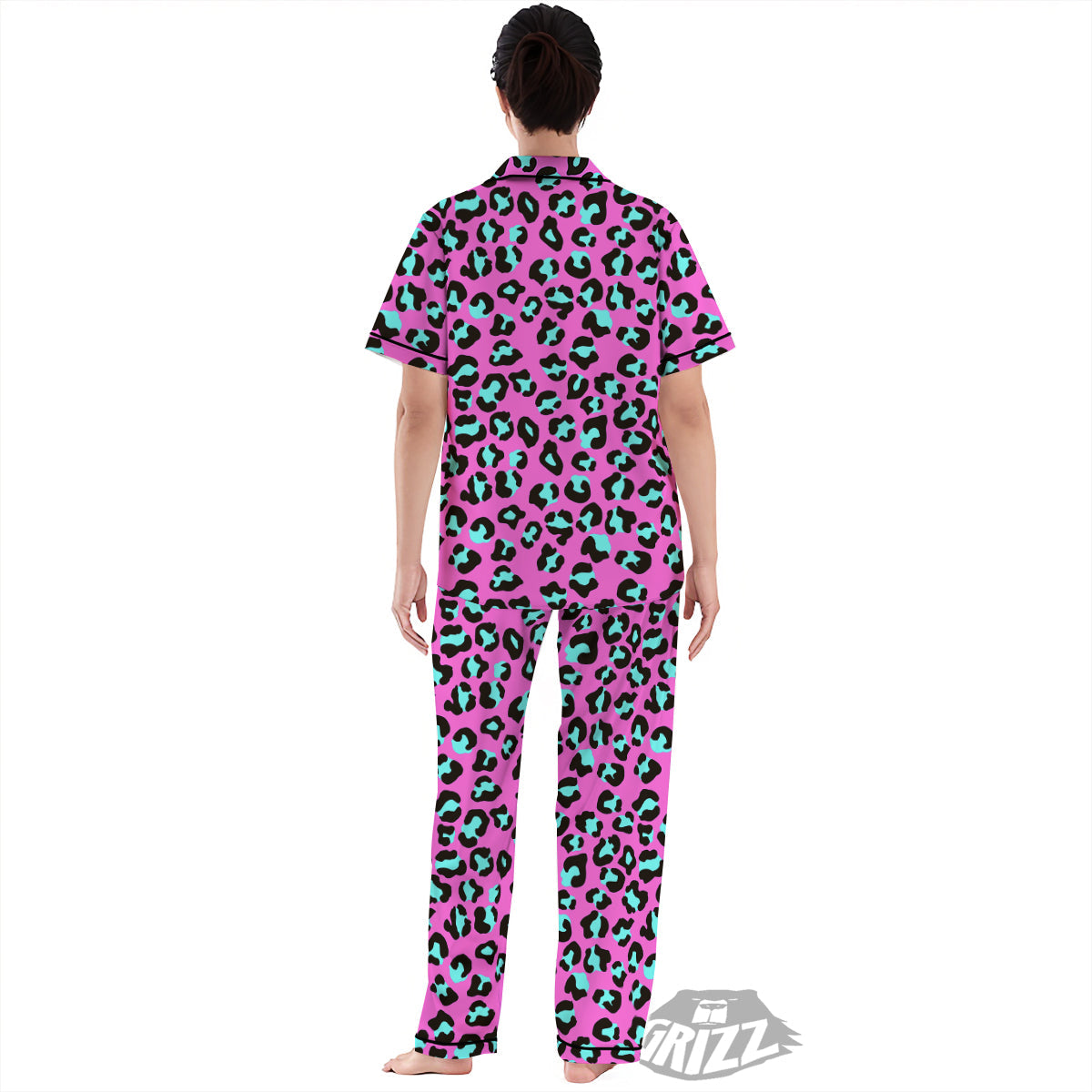 Leopard Pink And Turquoise Print Pattern Women's Pajamas Set-grizzshop