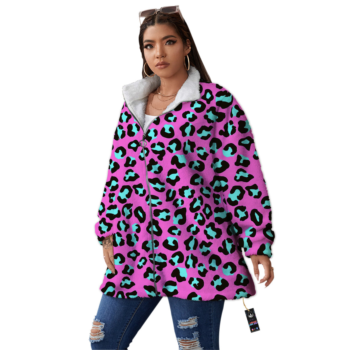 Leopard Pink And Turquoise Print Pattern Women's Sherpa Jacket-grizzshop