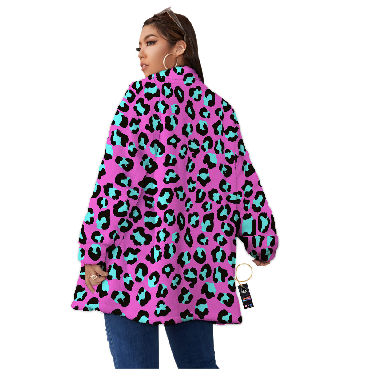 Leopard Pink And Turquoise Print Pattern Women's Sherpa Jacket-grizzshop