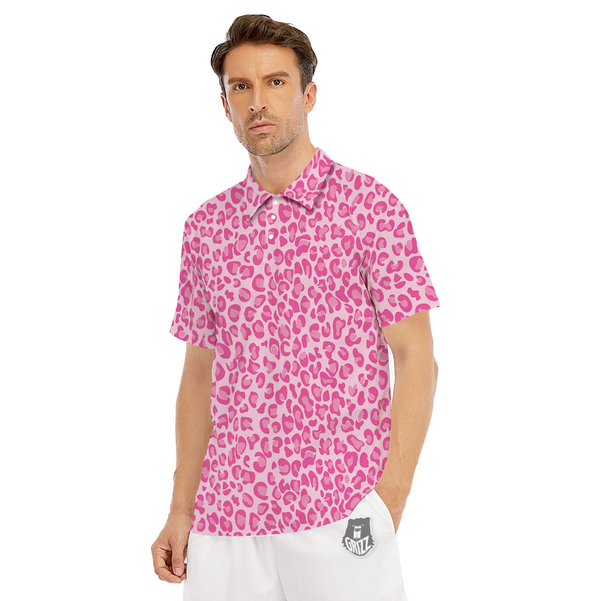 Leopard Pink Print Pattern Men's Golf Shirts-grizzshop