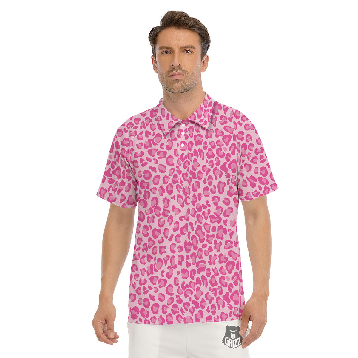 Leopard Pink Print Pattern Men's Golf Shirts-grizzshop