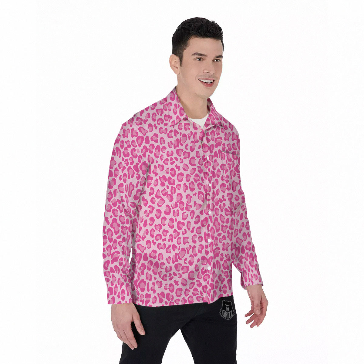 Leopard Pink Print Pattern Men's Long Sleeve Shirts-grizzshop