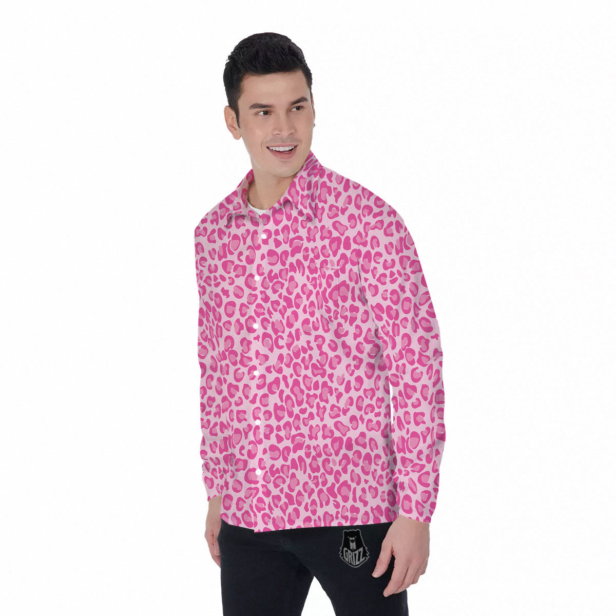 Leopard Pink Print Pattern Men's Long Sleeve Shirts-grizzshop