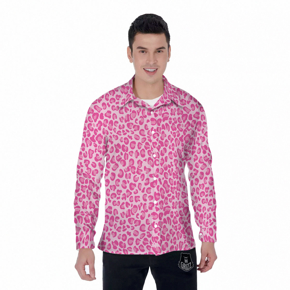 Leopard Pink Print Pattern Men's Long Sleeve Shirts-grizzshop