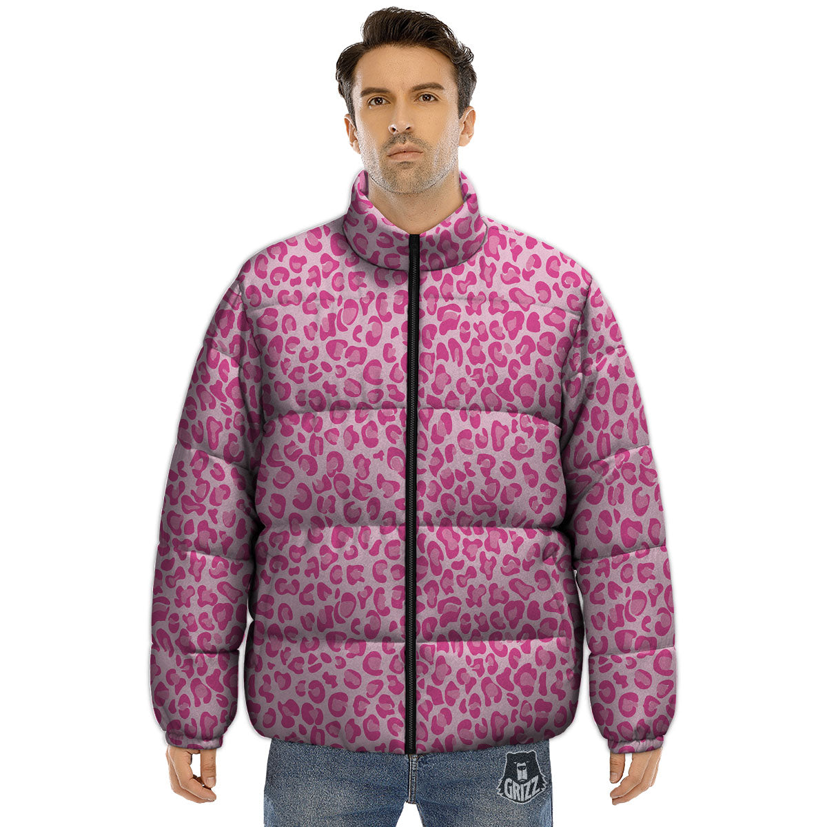 Leopard Pink Print Pattern Puffer Jacket-grizzshop